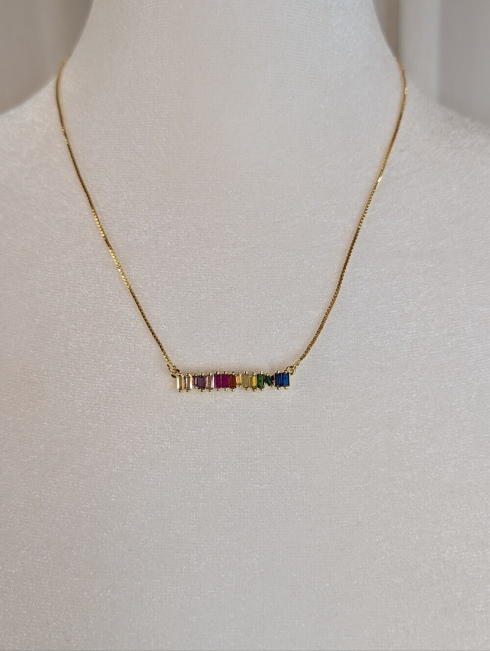 Multicolored Rainbow Emerald Cut Rhinestone Bar 19" Necklace - Picture 2 of 4